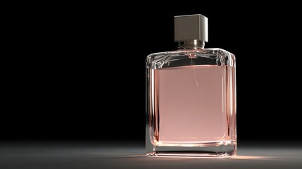 Rectangular glass perfume bottle with light pink liquid.