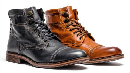 Stylish leather boots in black and brown with classic lace-up design and durable soles, perfect for modern fashion