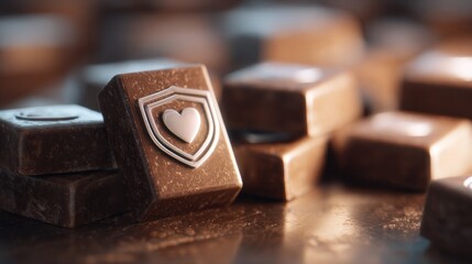 Focused medium shot on dark chocolate squares shining with animated heart shield graphics background blurred to accentuate immuneboosting potential.