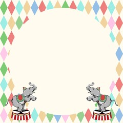 Circus elephant Illustration note, hand drawn for baby invitation, circle frame vintage carnival border for kids party decoration.