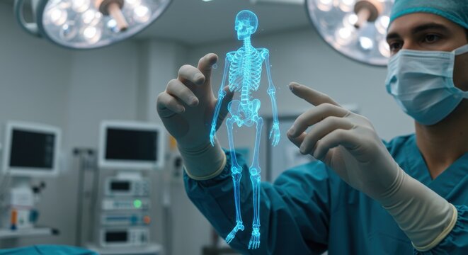 Surgeon Analyzing a Human Skeleton Hologram with Advanced Technology in an Operating Room
