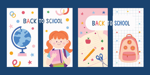 Cute back to school illustrations with school supplies and students