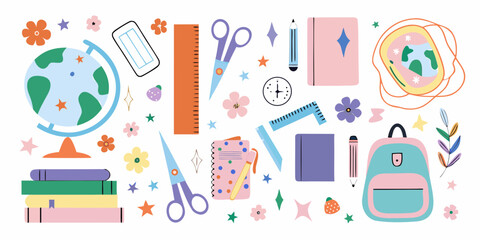 Colorful school supplies and decorative elements for learning