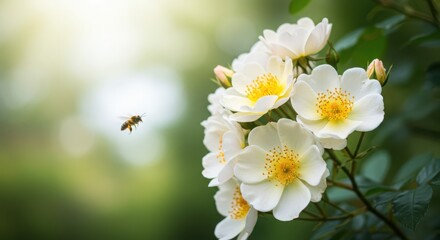Obraz premium A bee flies towards a cluster of white wildflowers with yellow centers in a sunlit garden