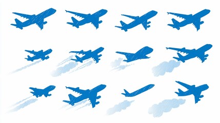 Vector Illustration of Blue Airplane Silhouettes in Various Flight Stages