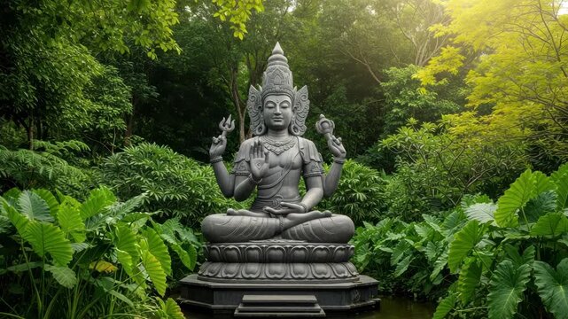 A serene stone statue of a multiarmed deity, possibly shiva or buddha, sits in a meditative pose amidst a lush, vibrant green forest garden with dappled sunlight filtering through the trees