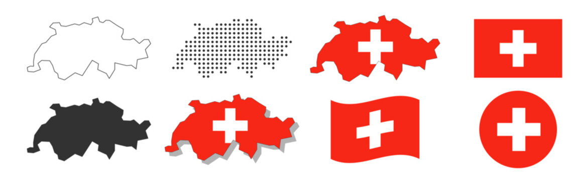 Switzerland map and flag collection on transparent background