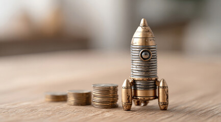 Rocket on top of stacks of coins and representing business growth and financial success