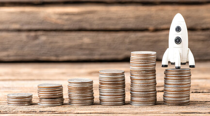 Rocket on top of stacks of coins and representing business growth and financial success