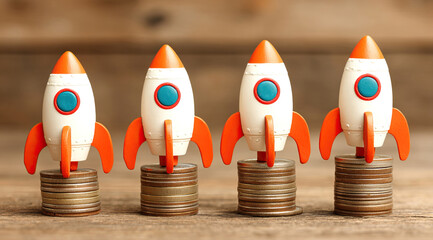 Rocket on top of stacks of coins and representing business growth and financial success