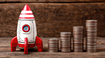 Rocket on top of stacks of coins and representing business growth and financial success