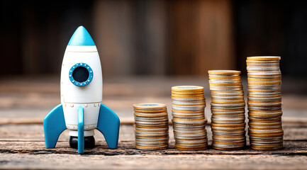 Rocket on top of stacks of coins and representing business growth and financial success