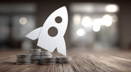Rocket on top of stacks of coins and representing business growth and financial success