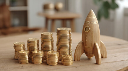 Rocket on top of stacks of coins and representing business growth and financial success