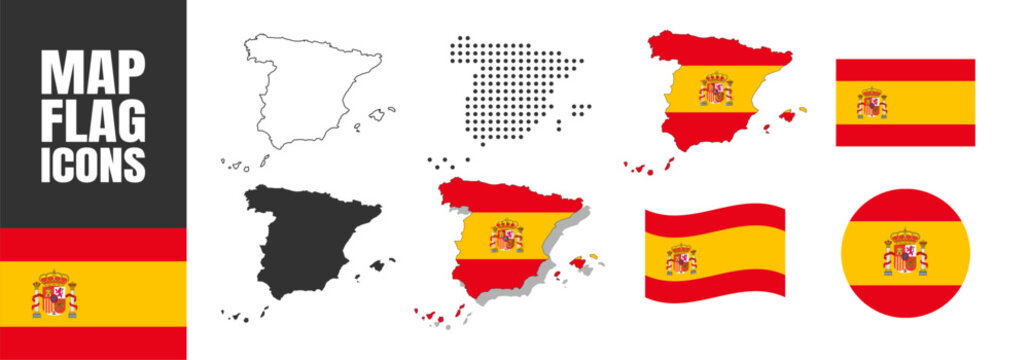 Spain map and flag icons on transparent background