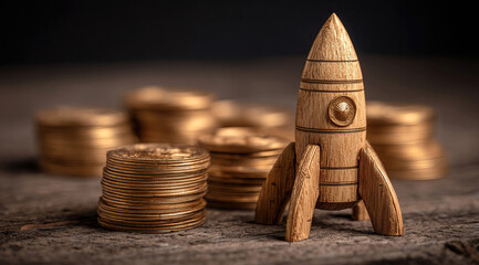 Rocket on top of stacks of coins and representing business growth and financial success