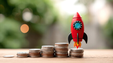 Rocket on top of stacks of coins and representing business growth and financial success