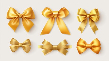 Elegant Golden Bow and Ribbon Set on White Background