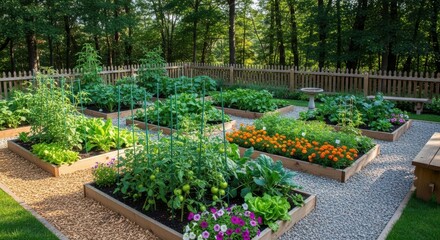 Obraz premium Lush raised vegetable garden beds with flowers and lush greenery