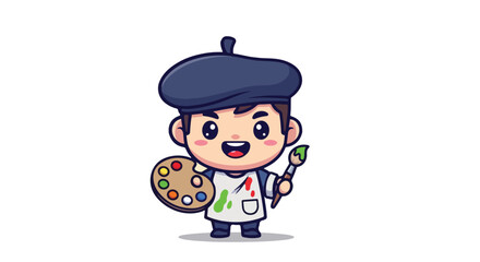 Cute painter boy character with art supplies, a smiling artist mascot holding a palette and brush, cartoon VECTOR illustration.