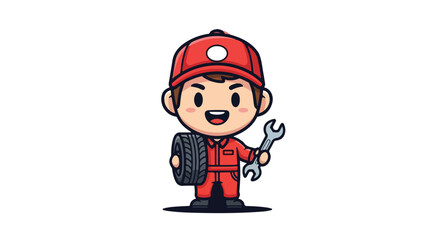Charming VECTOR Illustration of a Skilled Mechanic Character Holding a Tire and Wrench. This Adorable Automotive Service Technician Mascot is Perfect for Vehicle Repair and Maintenance Concepts.