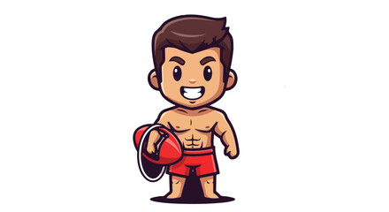 Cute cartoon lifeguard character, a smiling beach rescuer mascot with a safety buoy, isolated on white background vector illustration.