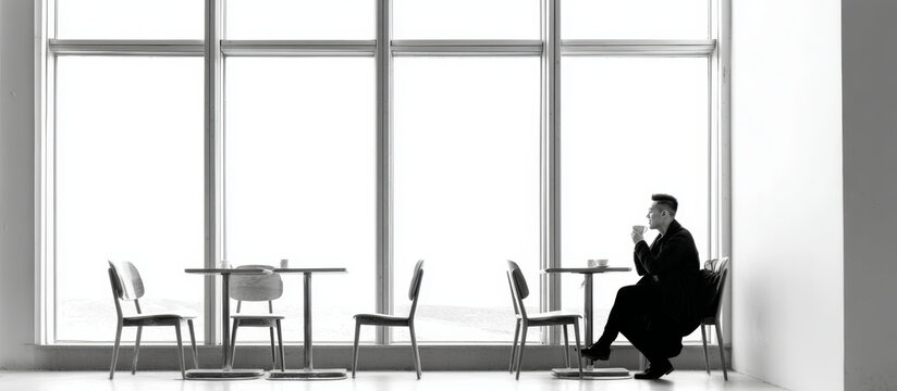 Professional businessman relaxing, drinking coffee near expansive window, soft natural light filling contemporary cafe interior, monochrome setting conveying serene workplace moment - Powered by Adobe