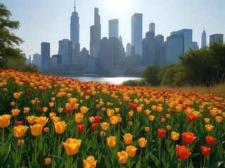 Vibrant Tulip Meadow with Scenic Landscape View of New York City Skyline