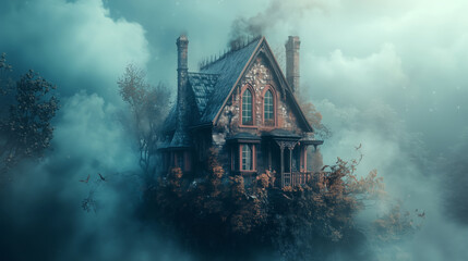 A Victorian-style house rises above the trees on a floating piece of land with a foggy background, fantasy art, dark and mysterious.