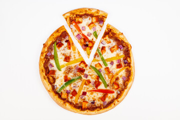 Sliced Indian Veggie Pizza Menu Item on white background, top down view