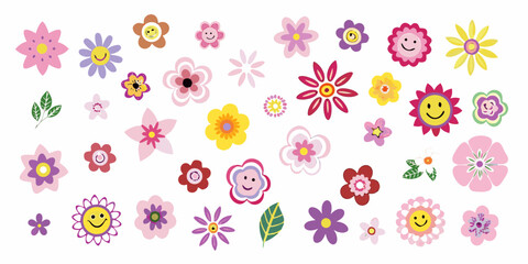 Collection of cheerful cartoon flowers with smiling faces and leaves