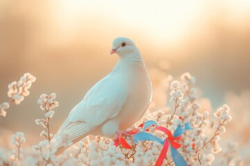 Obraz premium White Dove Perched on Blooming Flowers With Colorful Ribbons During Sunset