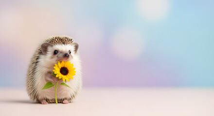 Adorable hedgehog holding bright sunflower, perfect for spring greeting cards and social media engagement