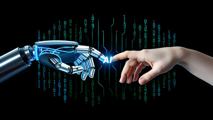 Human Hand and Robotic Fingertip Touching AI Interface; Futuristic Technology Concept