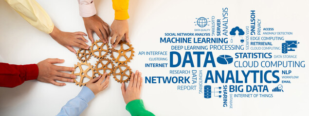 A dynamic team collaborates with gears to symbolize the integration of data analytics and technology, reflecting modern solutions in machine learning and cloud computing. Amity