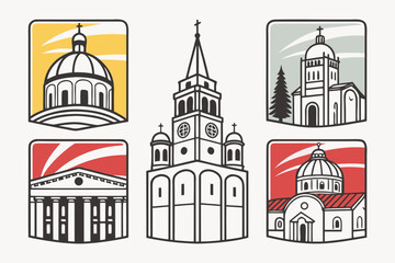 Vector art of collection of five church building icons isolated on white background