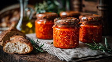 Delicious homemade spread in rustic jars, paired with fresh bread on a linen cloth, evoking a warm, inviting atmosphere perfect for culinary delights and gatherings.