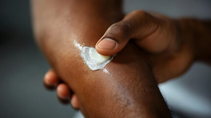 African American man applying cream to his arm. Skincare and self-care concept.