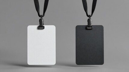Two blank employee ID badges hanging against a gray background, ready for event access