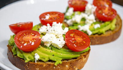 Avocado toast with cherry tomatoes and feta cheese. Tasty snack. Delicious food for breakfast.