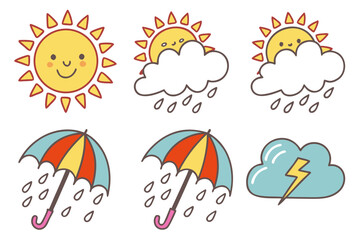 Vector art of weather forecast icons with sun, rain, clouds and umbrella isolated on white background