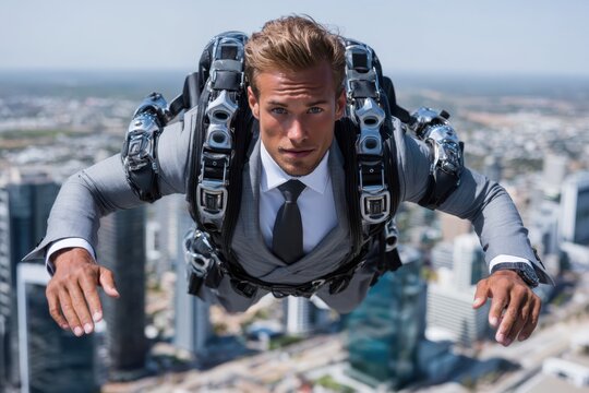 Man in a suit using jetpack technology over a city skyline during daylight