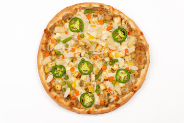 Whole Jalapeño Veggie Pizza Menu Item on white background, top down view