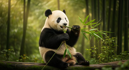 Obraz premium Adorable panda bear cub enjoys fresh bamboo amidst lush forest, capturing nature's peace and serenity