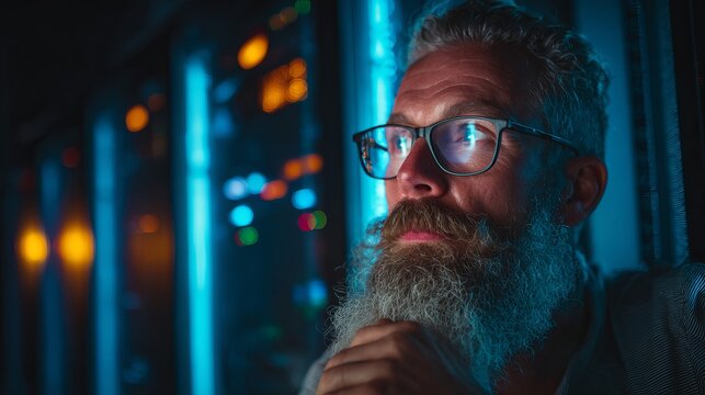 Focused bearded man wearing glasses contemplates data streams in a modern server room with vibrant blue and orange lights - Powered by Adobe