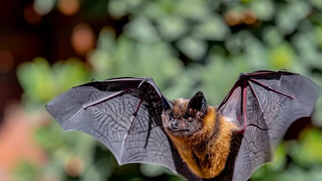 A small bat in flight with outstretched wings against a blurred green foliage backdrop