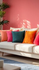 Cozy Living Room With Colorful Cushions and Vibrant Wall Design in Bright Daylight