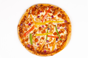 Whole Indian Veggie Pizza Menu Item on white background, top down view
