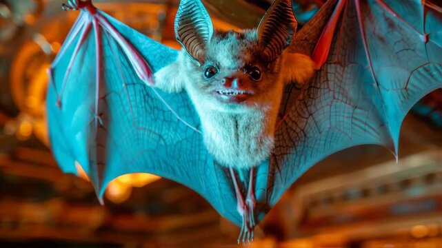A small bat with translucent blue wings hangs upside down in a dimly lit room