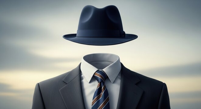 An invisible man wearing a suit with a tie and a hat floating above the suit against a cloudy sky